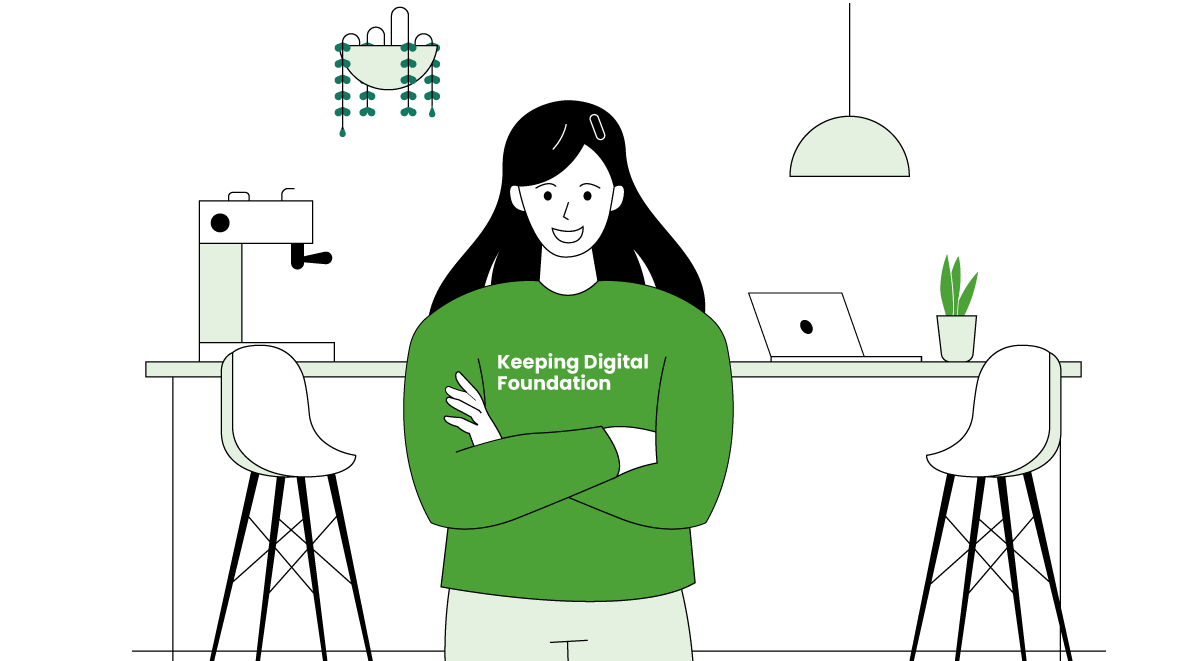 An illustration of a Keeping Digital Foundation volunteer at a Digital Cafe