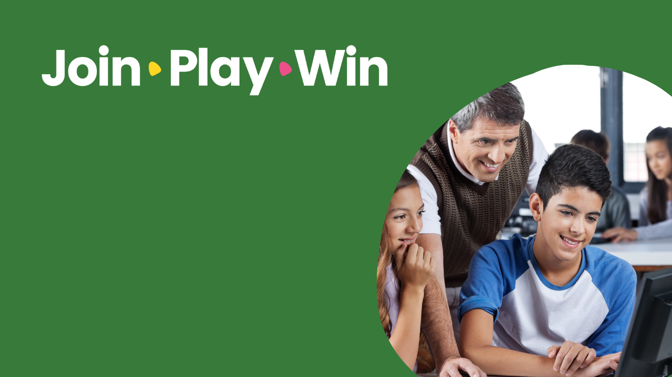 Background image with the text "Join. Play. Win" and a photo of a young boy with his teacher using a computer